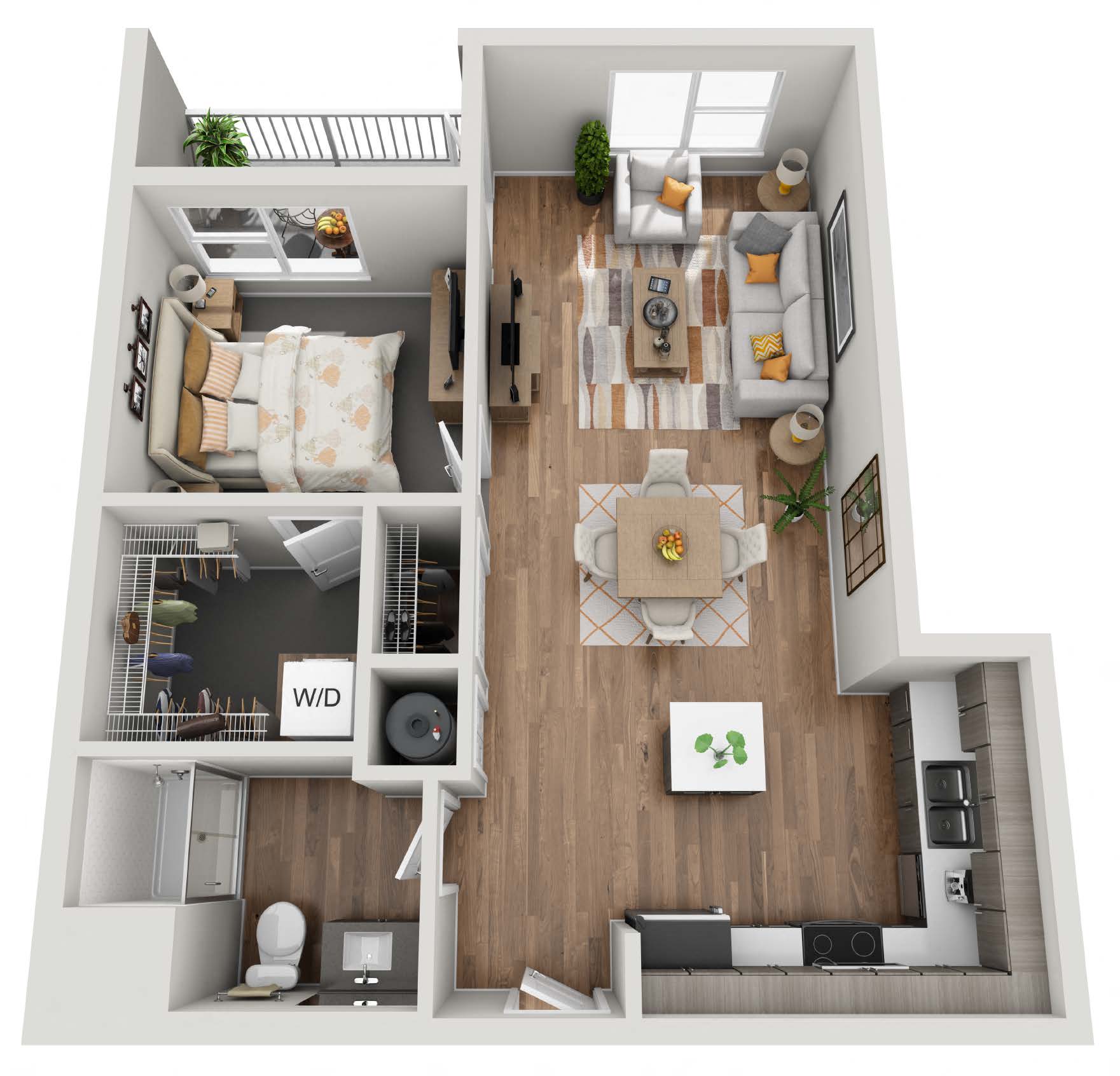 Floor plan for 1 bed, 1 bath, 743 sqft